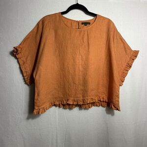 For Cynthia Orange 100% Linen Ruffle Dolman Sleeve Boxy Cropped Blouse Size M
